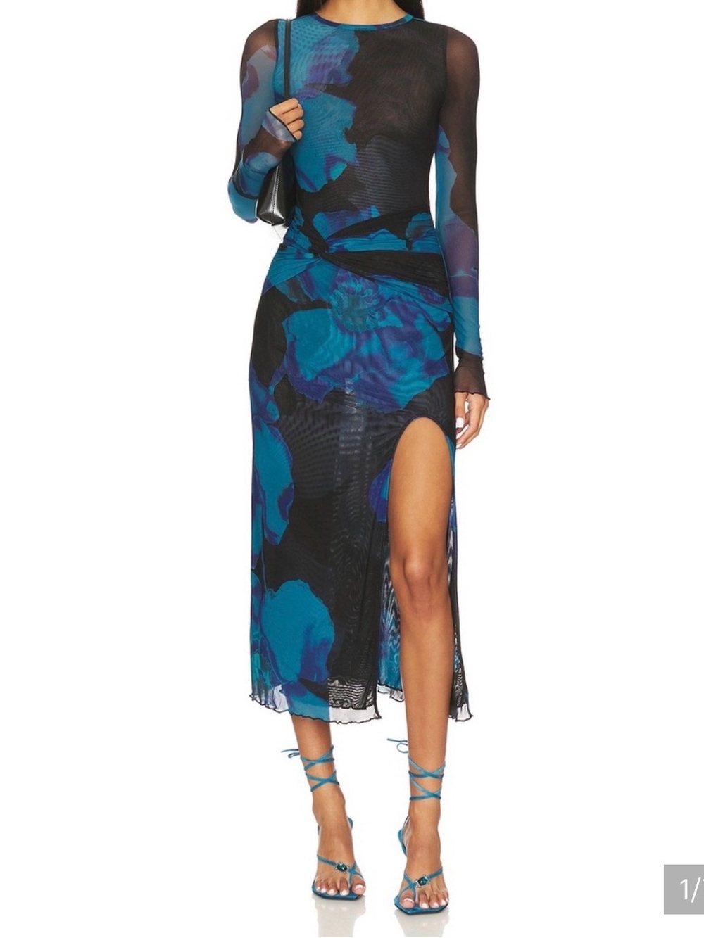 Long Sleeve Mesh Blue Floral Twist-Waist Dress